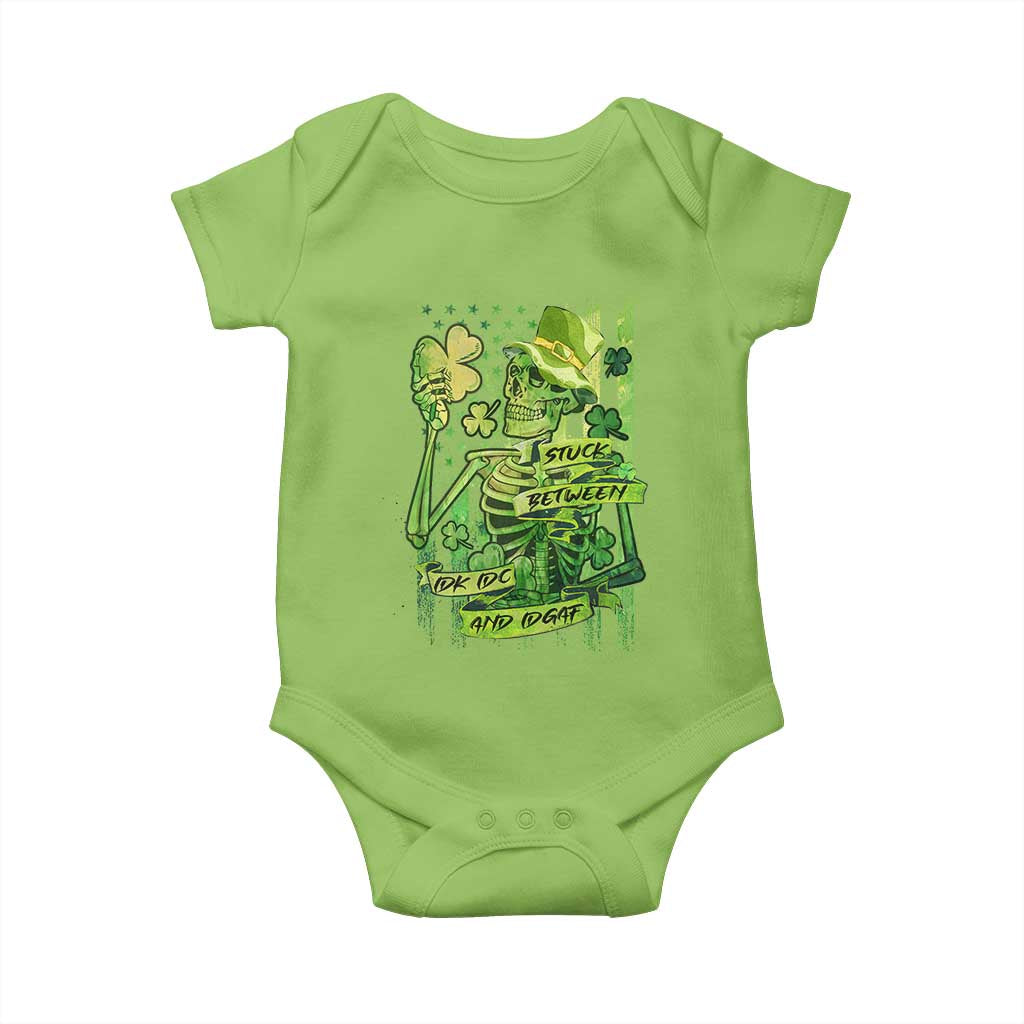 Irish Skeleton Baby Onesie Stuck Between IDK IDC And IDGAF St Patrick's Day Green Flag Skull TS02 Lime Print Your Wear