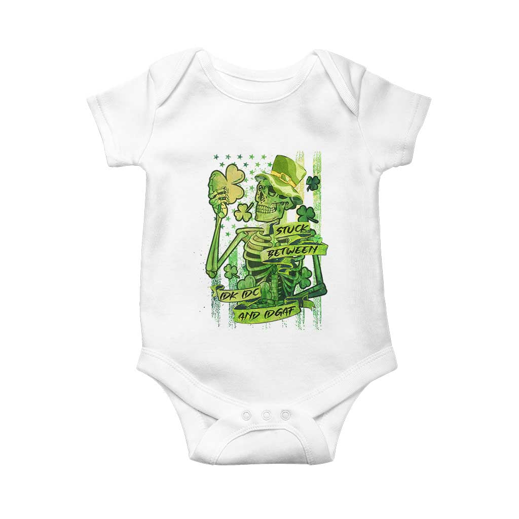 Irish Skeleton Baby Onesie Stuck Between IDK IDC And IDGAF St Patrick's Day Green Flag Skull TS02 White Print Your Wear