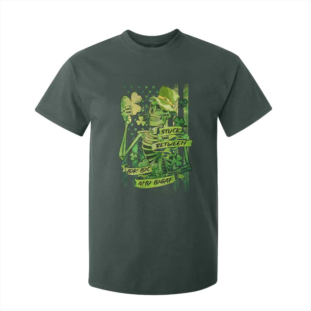Irish Skeleton T Shirt For Kid Stuck Between IDK IDC And IDGAF St Patrick's Day Green Flag Skull TS02 Dark Forest Green Print Your Wear
