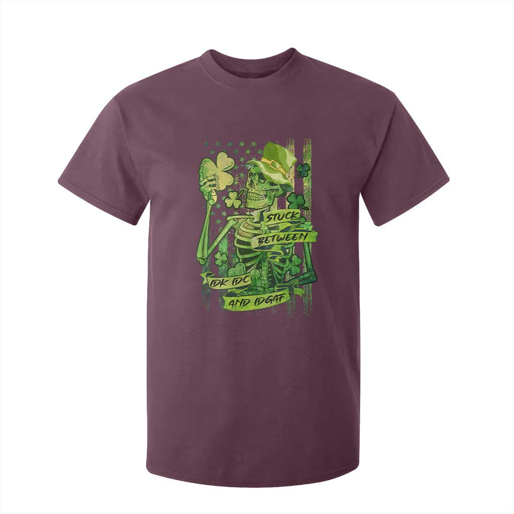 Irish Skeleton T Shirt For Kid Stuck Between IDK IDC And IDGAF St Patrick's Day Green Flag Skull TS02 Maroon Print Your Wear
