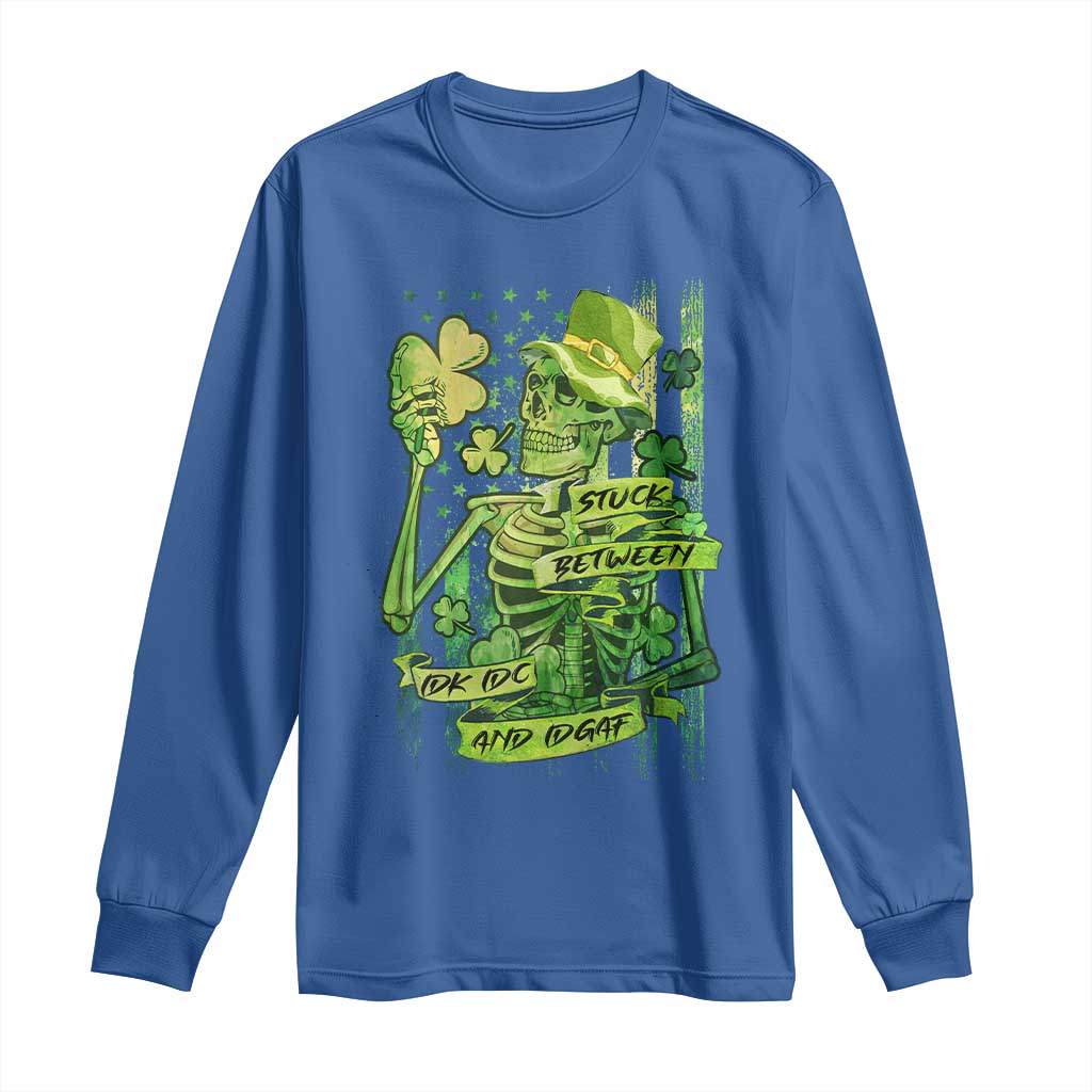 Irish Skeleton Long Sleeve Shirt Stuck Between IDK IDC And IDGAF St Patrick's Day Green Flag Skull TS02 Royal Blue Print Your Wear