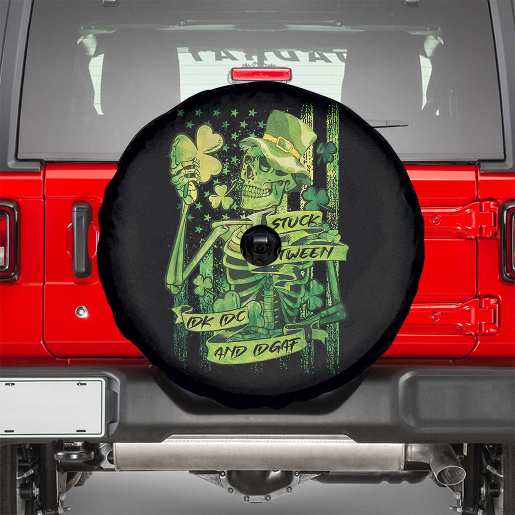 Irish Skeleton Spare Tire Cover Stuck Between IDK IDC And IDGAF St Patrick's Day Green Flag Skull TS02 Black Print Your Wear