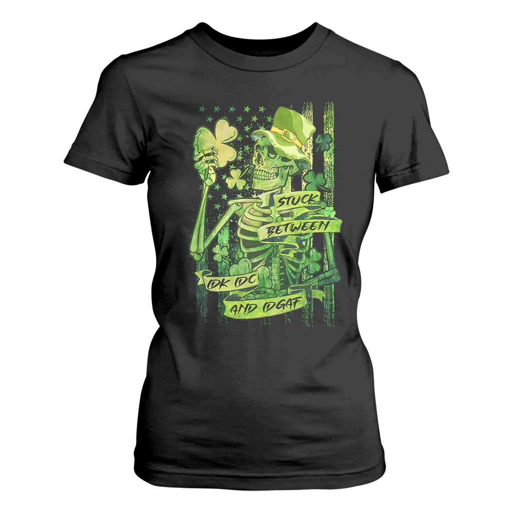 Irish Skeleton T Shirt For Women Stuck Between IDK IDC And IDGAF St Patrick's Day Green Flag Skull TS02 Black Print Your Wear