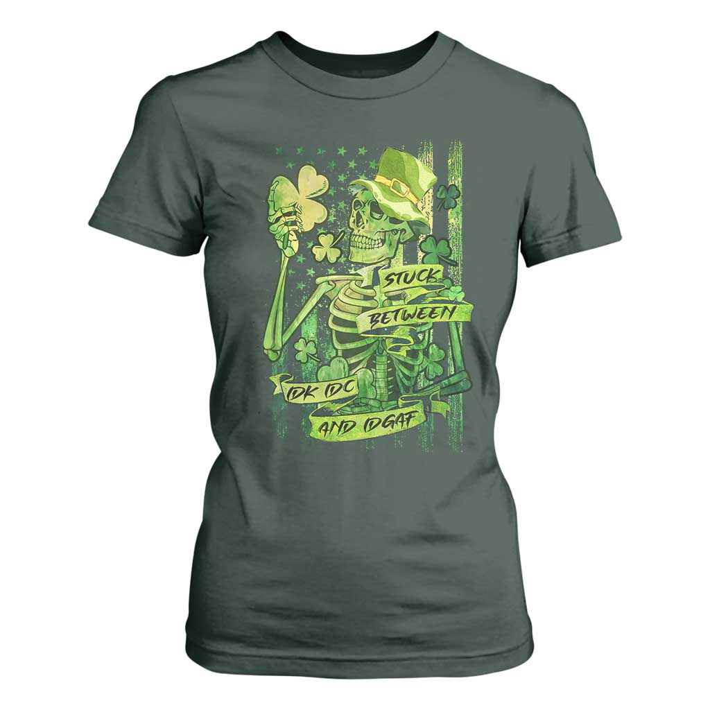Irish Skeleton T Shirt For Women Stuck Between IDK IDC And IDGAF St Patrick's Day Green Flag Skull TS02 Dark Forest Green Print Your Wear