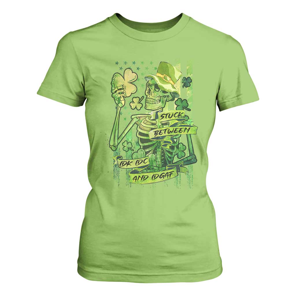 Irish Skeleton T Shirt For Women Stuck Between IDK IDC And IDGAF St Patrick's Day Green Flag Skull TS02 Lime Print Your Wear