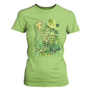 Irish Skeleton T Shirt For Women Stuck Between IDK IDC And IDGAF St Patrick's Day Green Flag Skull TS02 Lime Print Your Wear