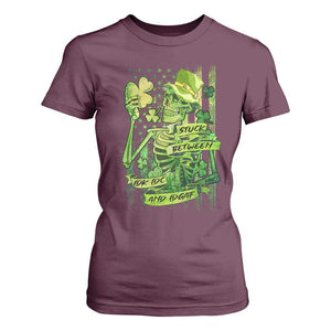Irish Skeleton T Shirt For Women Stuck Between IDK IDC And IDGAF St Patrick's Day Green Flag Skull TS02 Maroon Print Your Wear