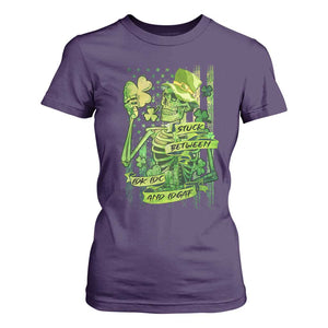 Irish Skeleton T Shirt For Women Stuck Between IDK IDC And IDGAF St Patrick's Day Green Flag Skull TS02 Purple Print Your Wear