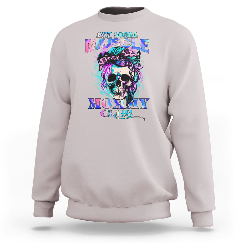 Skull Mom Sweatshirt Anti Social Muscle Mommy Club Tie Dye Messy Bun Mama TS02 Ice Gray Printyourwear
