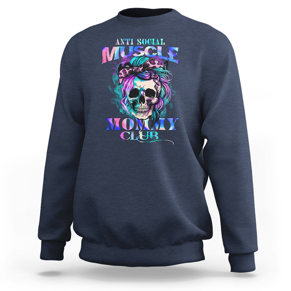 Skull Mom Sweatshirt Anti Social Muscle Mommy Club Tie Dye Messy Bun Mama TS02 Navy Printyourwear