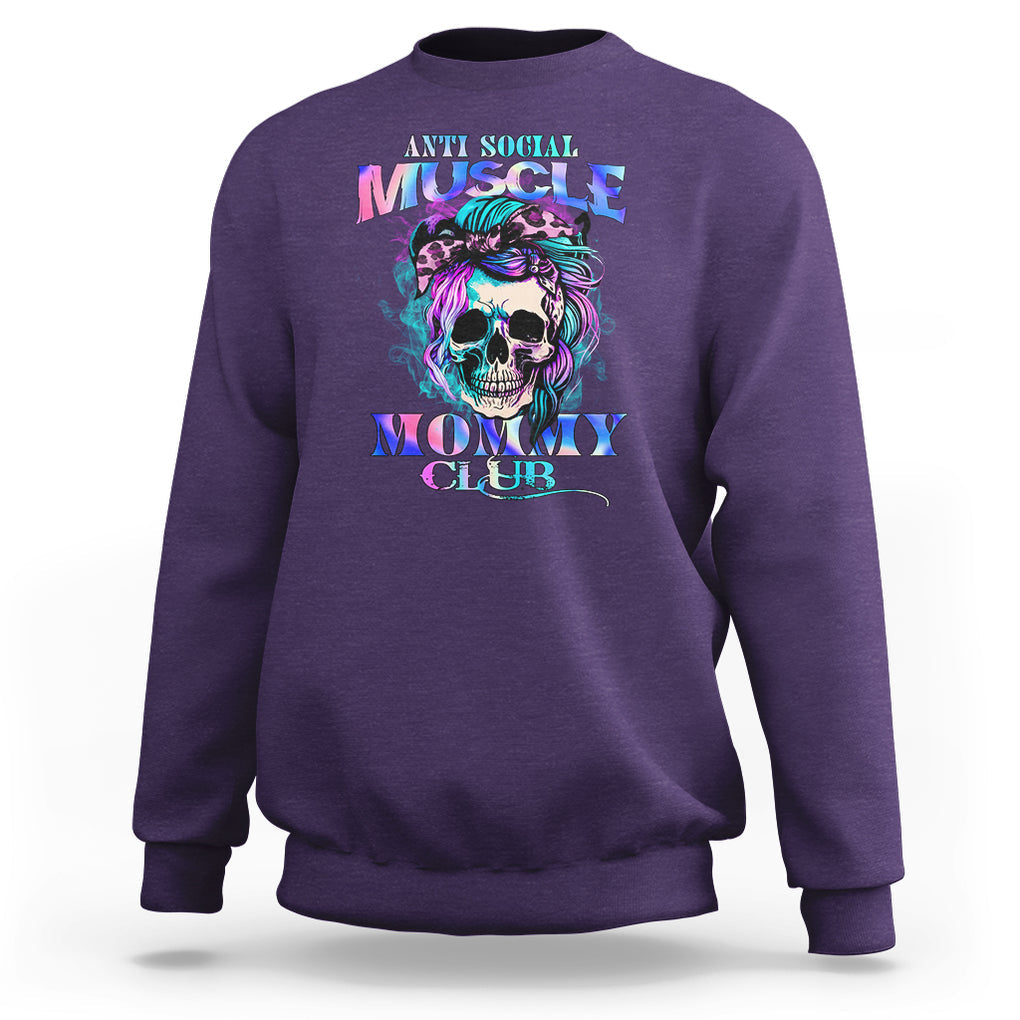 Skull Mom Sweatshirt Anti Social Muscle Mommy Club Tie Dye Messy Bun Mama TS02 Purple Printyourwear