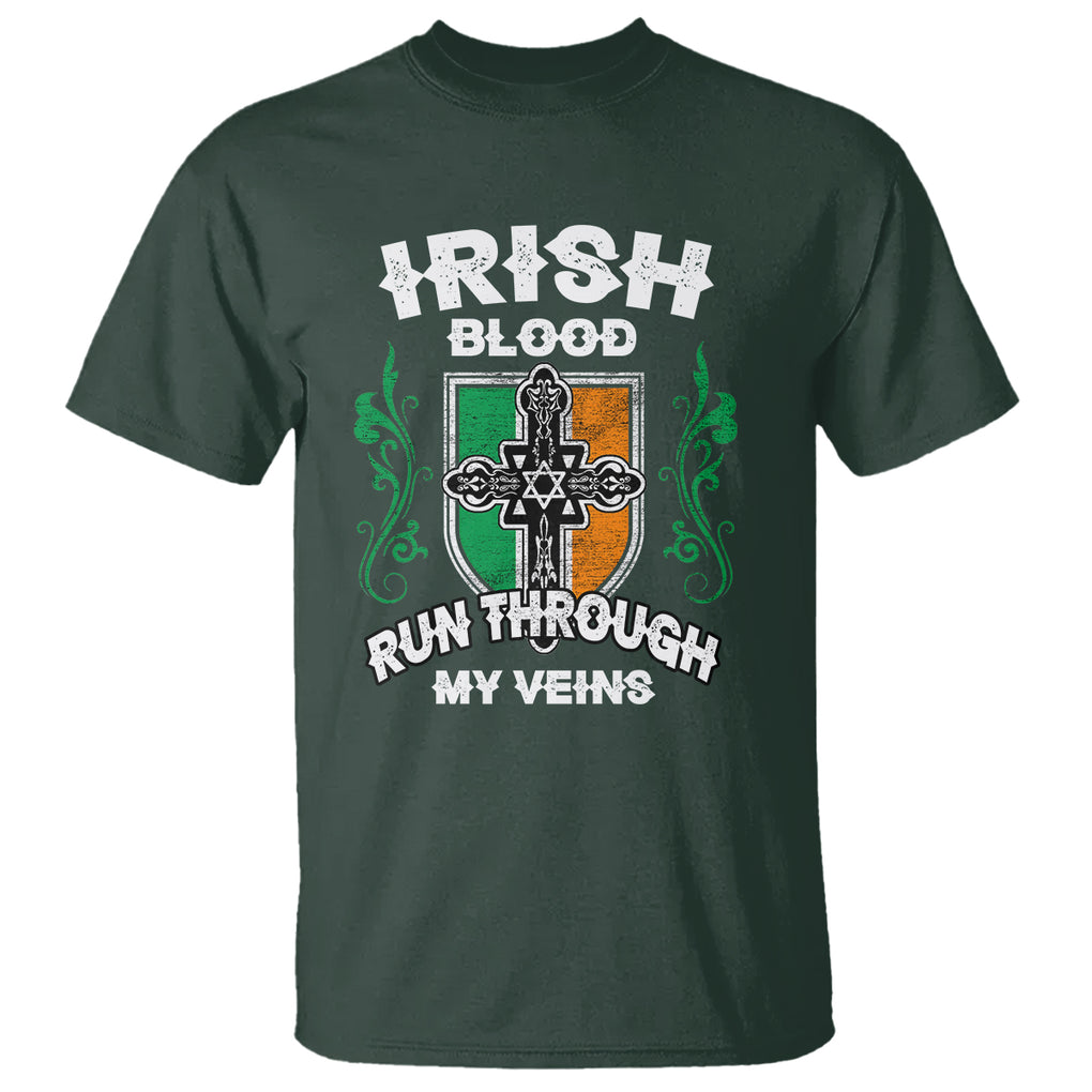 Irish Pride T Shirt Irish Blood Run Through My Veins Ireland Flag Celtic Cross TS02 Dark Forest Green Printyourwear