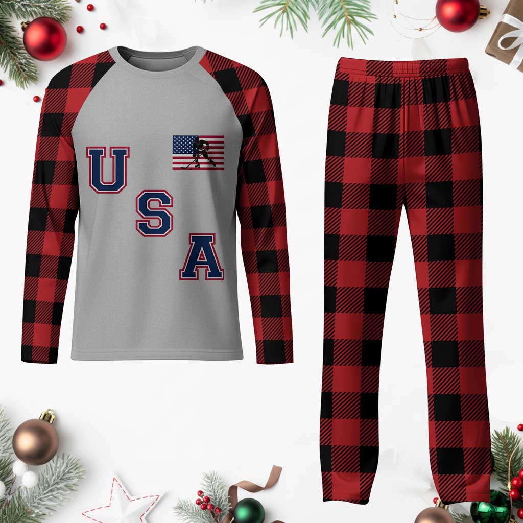 USA Flag Hockey Plaid Pajama Set Patriotic Ice Hockey Team Fan Vintage Throwback TS02 Buffalo Plaid Print Your Wear