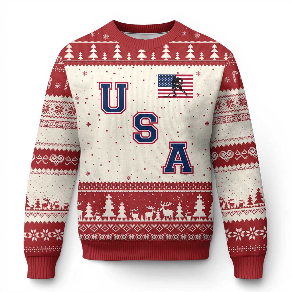 USA Flag Hockey Ugly Christmas Sweater Patriotic Ice Hockey Team Fan Vintage Throwback TS02 Beige Red Print Your Wear