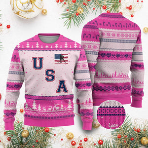 USA Flag Hockey Ugly Christmas Sweater Patriotic Ice Hockey Team Fan Vintage Throwback TS02 Hot Pink Print Your Wear