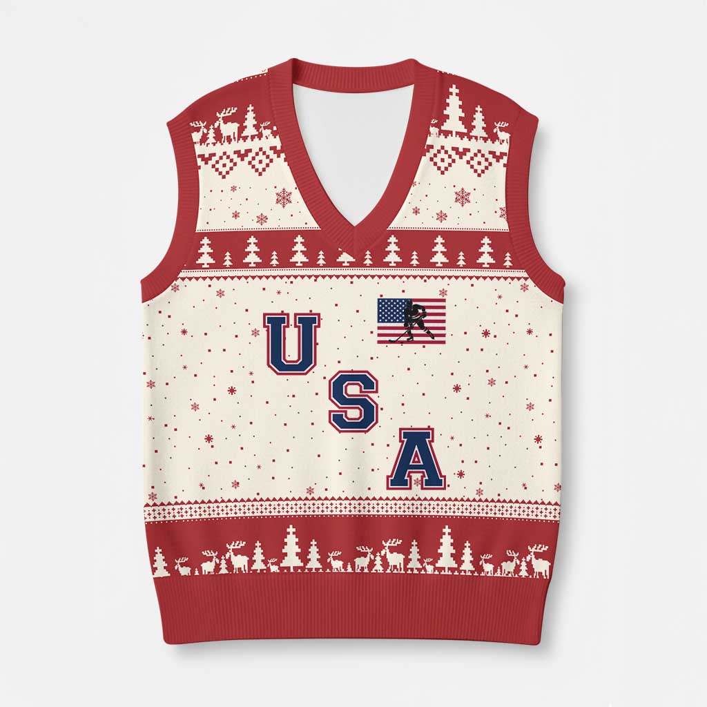 USA Flag Hockey V-Neck Knit Sweater Vest Patriotic Ice Hockey Team Fan Vintage Throwback TS02 Beige Red Print Your Wear