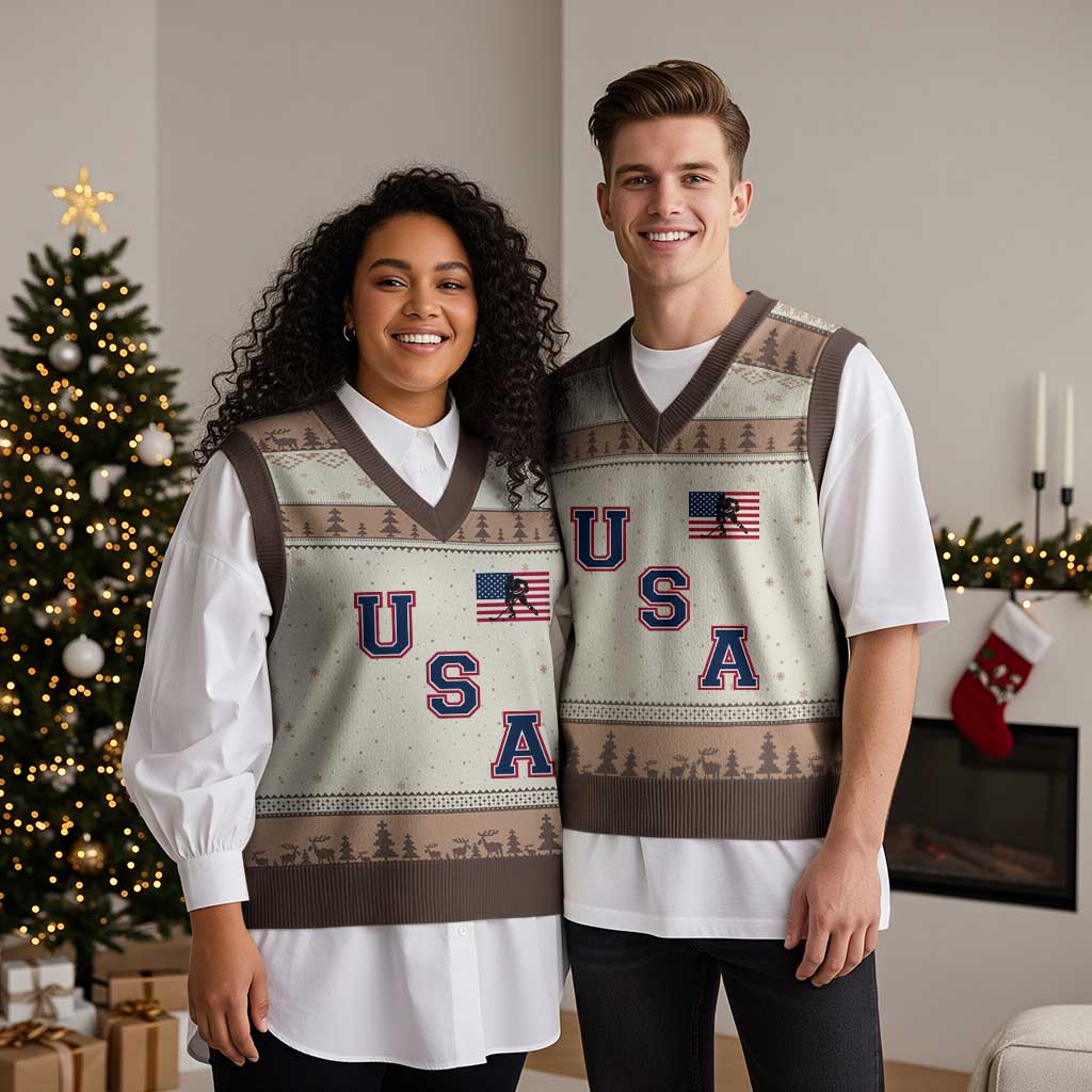 USA Flag Hockey V-Neck Knit Sweater Vest Patriotic Ice Hockey Team Fan Vintage Throwback TS02 Mocha Mousse Print Your Wear
