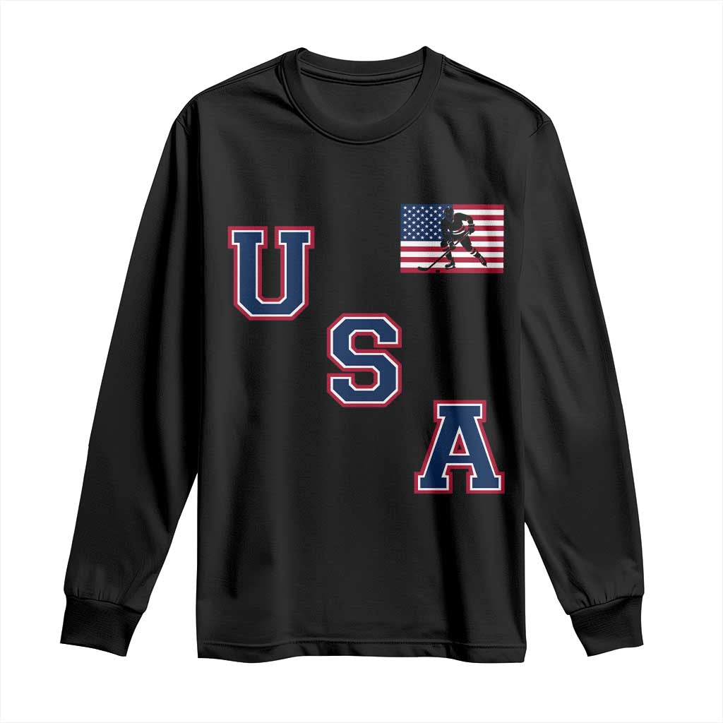USA Flag Hockey Long Sleeve Shirt - Patriotic Ice Hockey Team Fan Vintage Throwback TS02 Black Print Your Wear