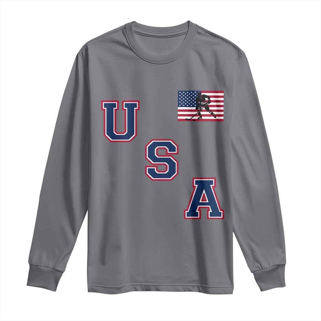 USA Flag Hockey Long Sleeve Shirt - Patriotic Ice Hockey Team Fan Vintage Throwback TS02 Charcoal Print Your Wear