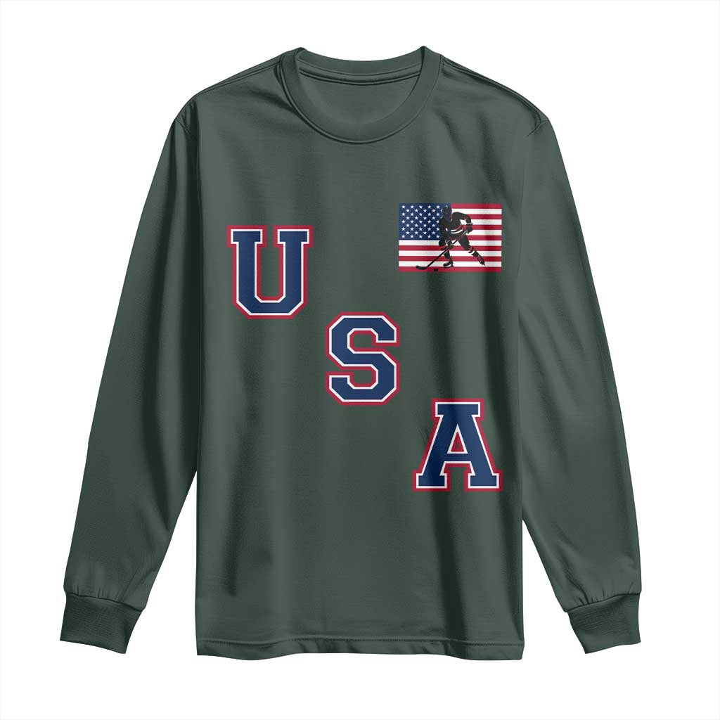 USA Flag Hockey Long Sleeve Shirt - Patriotic Ice Hockey Team Fan Vintage Throwback TS02 Dark Forest Green Print Your Wear