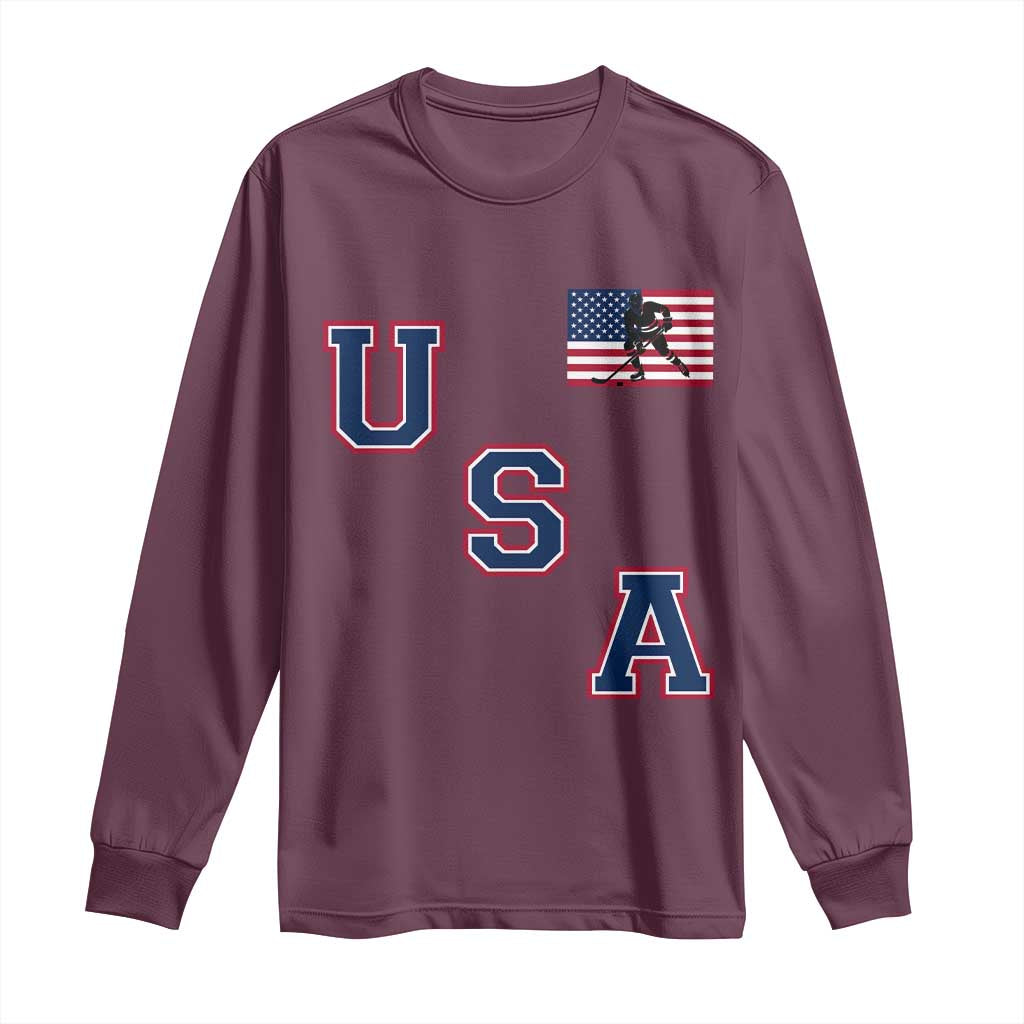 USA Flag Hockey Long Sleeve Shirt - Patriotic Ice Hockey Team Fan Vintage Throwback TS02 Maroon Print Your Wear