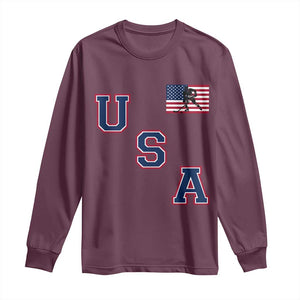USA Flag Hockey Long Sleeve Shirt - Patriotic Ice Hockey Team Fan Vintage Throwback TS02 Maroon Print Your Wear