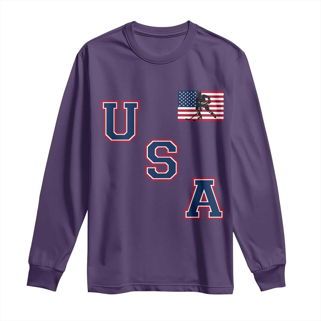 USA Flag Hockey Long Sleeve Shirt - Patriotic Ice Hockey Team Fan Vintage Throwback TS02 Purple Print Your Wear