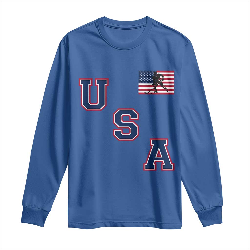 USA Flag Hockey Long Sleeve Shirt - Patriotic Ice Hockey Team Fan Vintage Throwback TS02 Royal Blue Print Your Wear