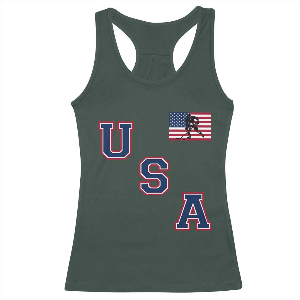 USA Flag Hockey Racerback Tank Top Patriotic Ice Hockey Team Fan Vintage Throwback TS02 Dark Forest Green Print Your Wear