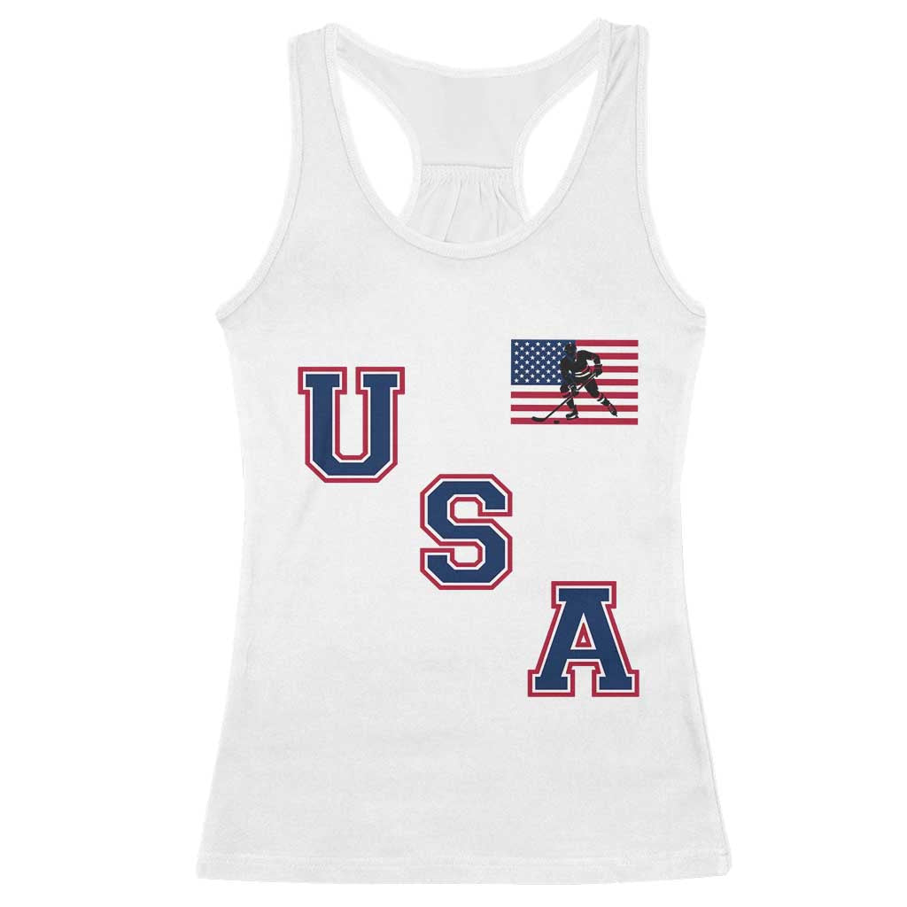 USA Flag Hockey Racerback Tank Top Patriotic Ice Hockey Team Fan Vintage Throwback TS02 White Print Your Wear