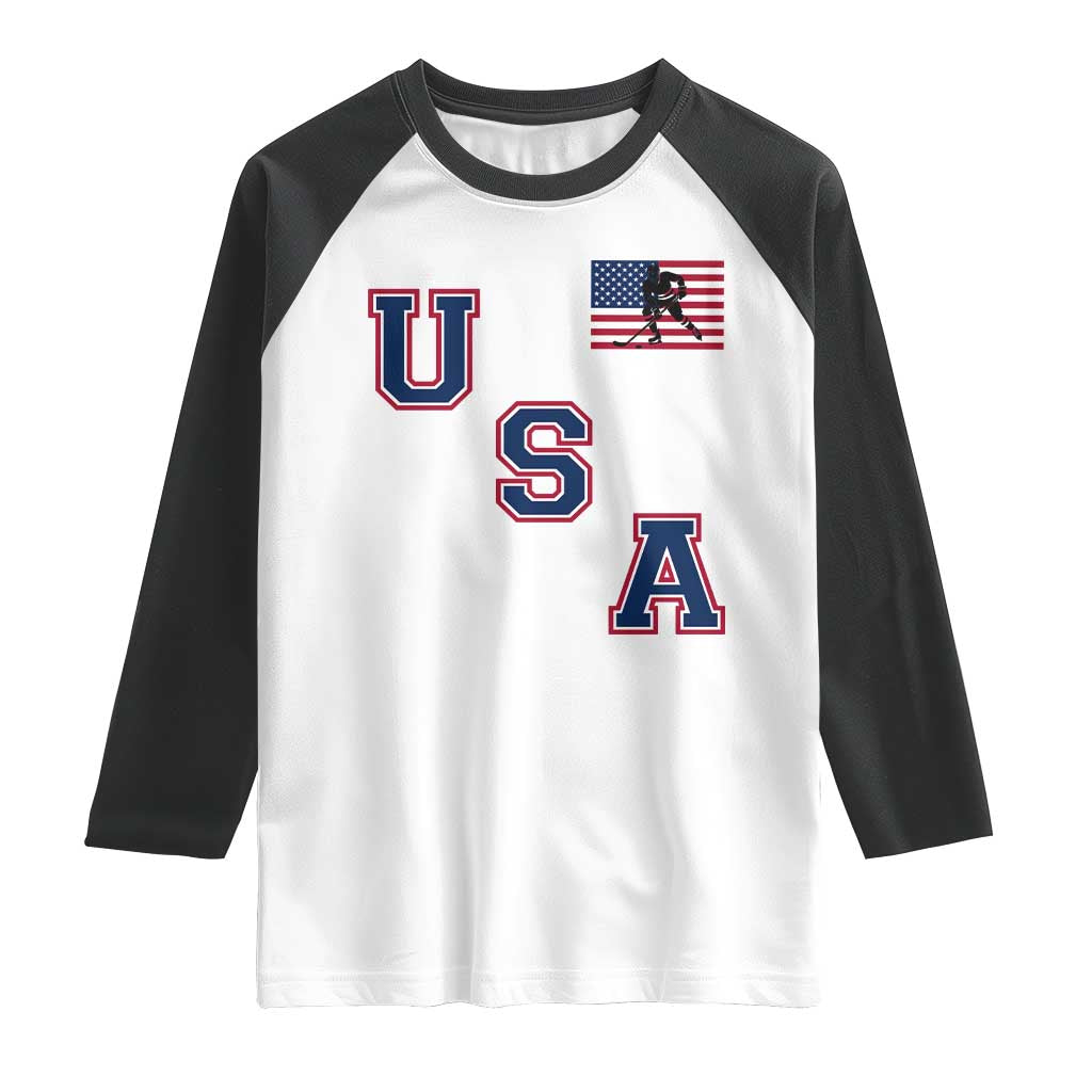 USA Flag Hockey Raglan Shirt Patriotic Ice Hockey Team Fan Vintage Throwback TS02 White Black Print Your Wear