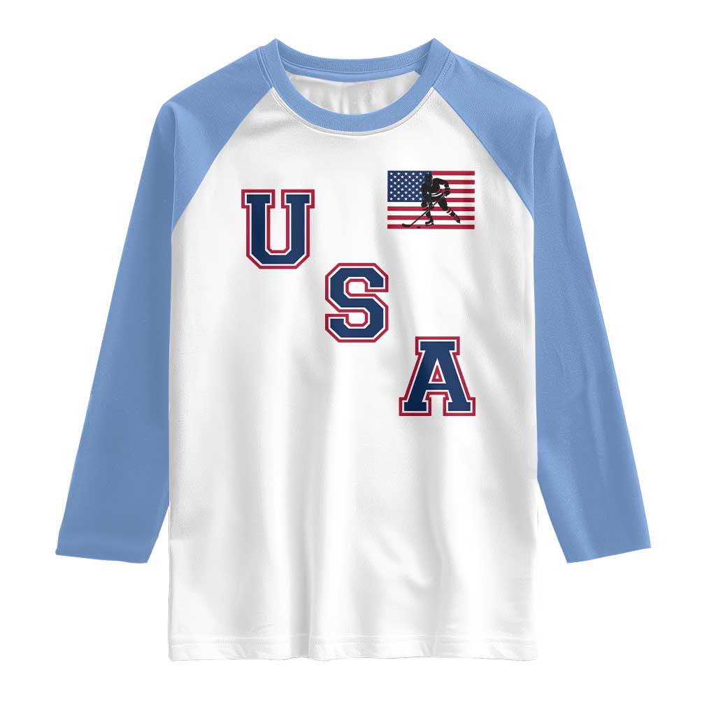 USA Flag Hockey Raglan Shirt Patriotic Ice Hockey Team Fan Vintage Throwback TS02 White Carolina Blue Print Your Wear
