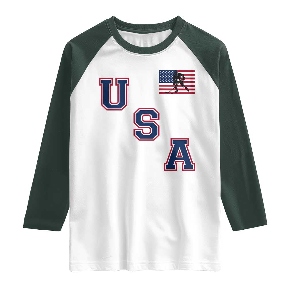 USA Flag Hockey Raglan Shirt Patriotic Ice Hockey Team Fan Vintage Throwback TS02 White Dark Forest Green Print Your Wear