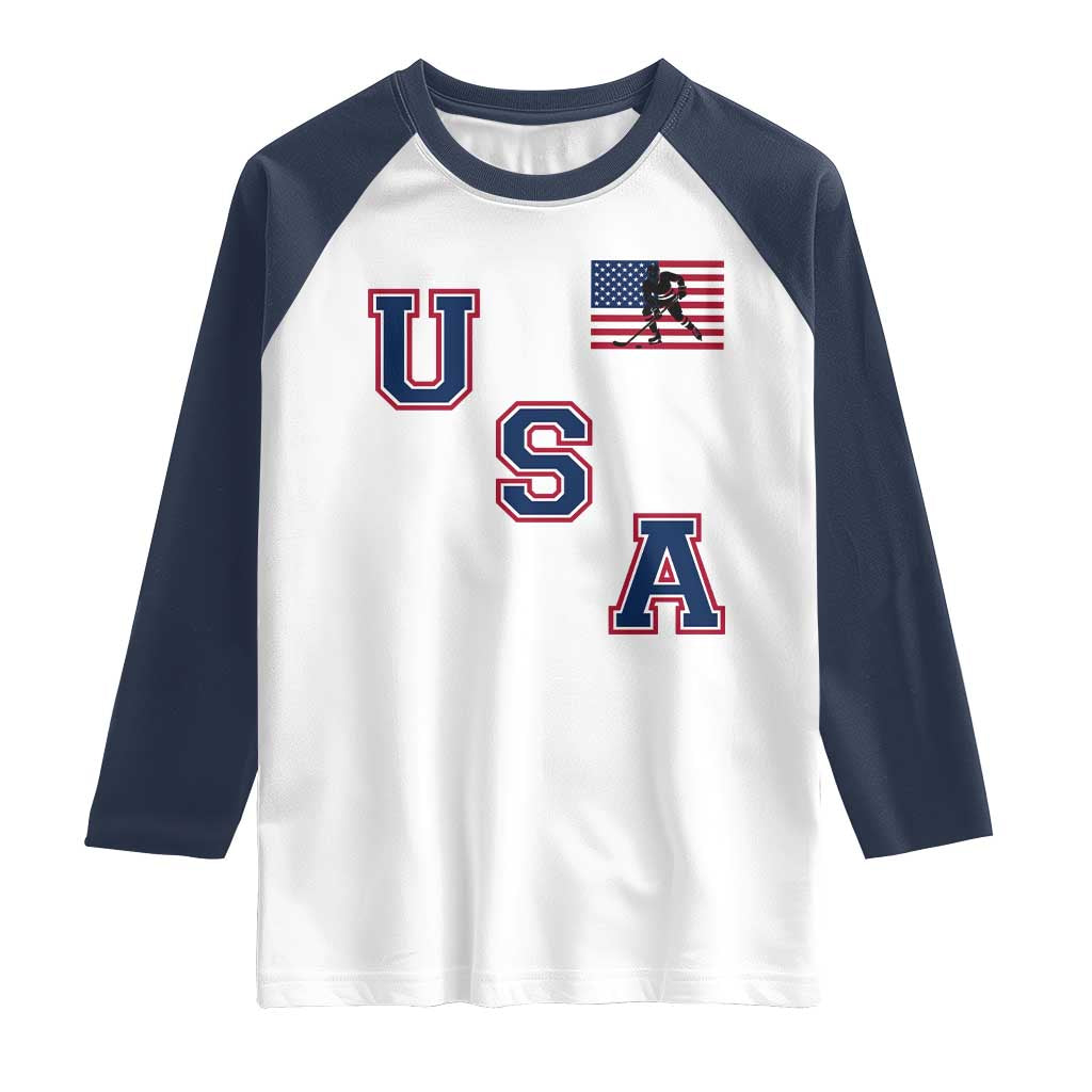 USA Flag Hockey Raglan Shirt Patriotic Ice Hockey Team Fan Vintage Throwback TS02 White Navy Print Your Wear