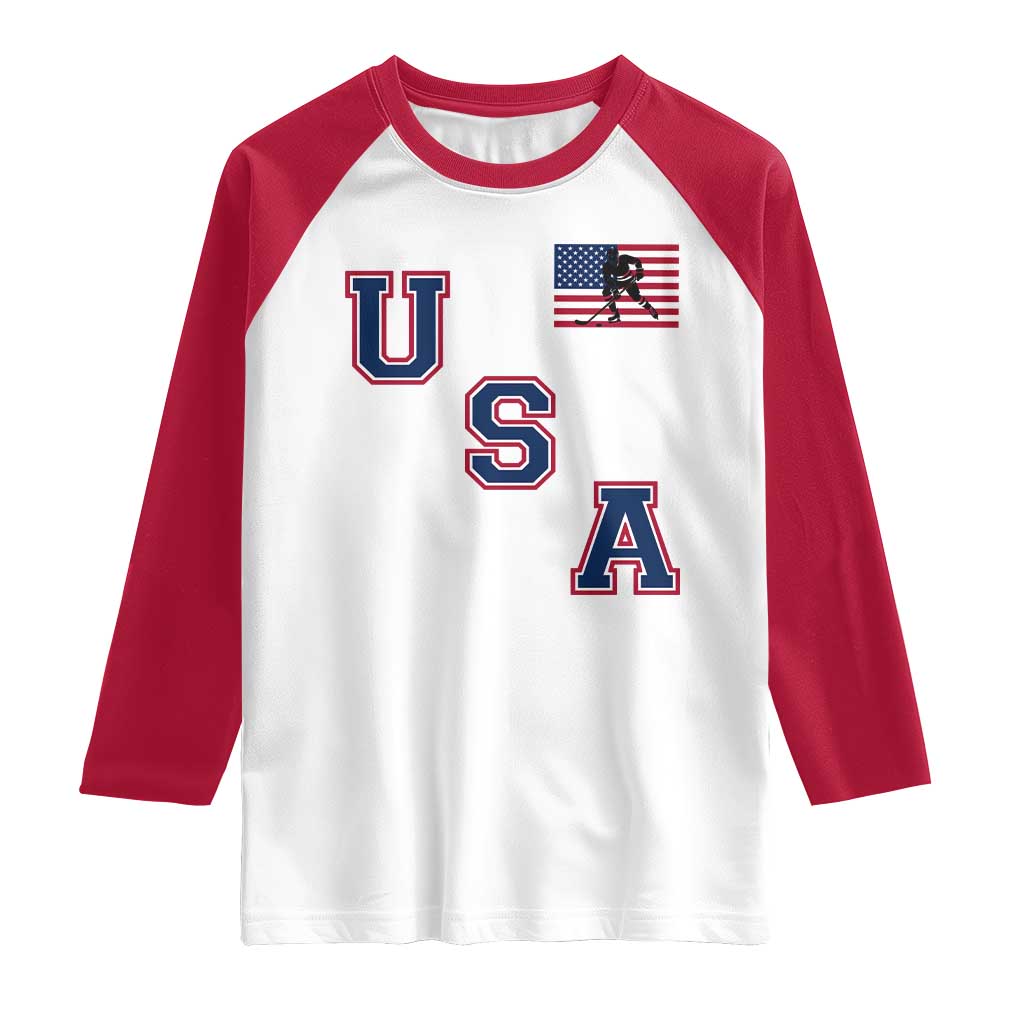 USA Flag Hockey Raglan Shirt Patriotic Ice Hockey Team Fan Vintage Throwback TS02 White Red Print Your Wear