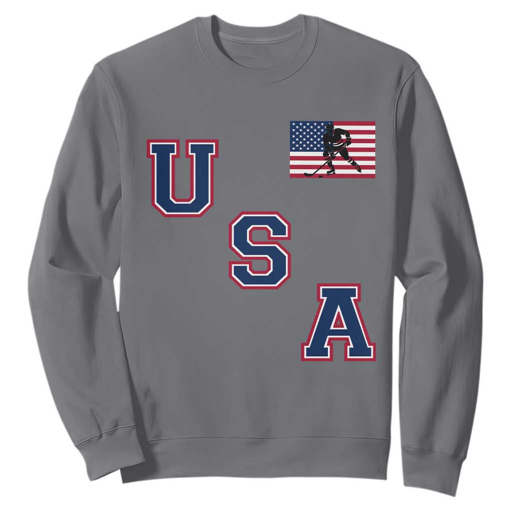 USA Flag Hockey Sweatshirt Patriotic Ice Hockey Team Fan Vintage Throwback TS02 Charcoal Print Your Wear