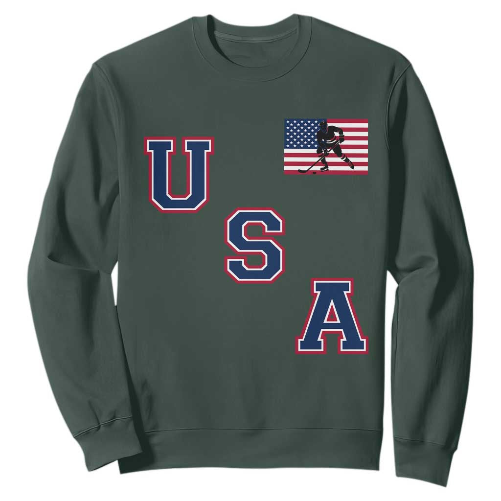 USA Flag Hockey Sweatshirt Patriotic Ice Hockey Team Fan Vintage Throwback TS02 Dark Forest Green Print Your Wear