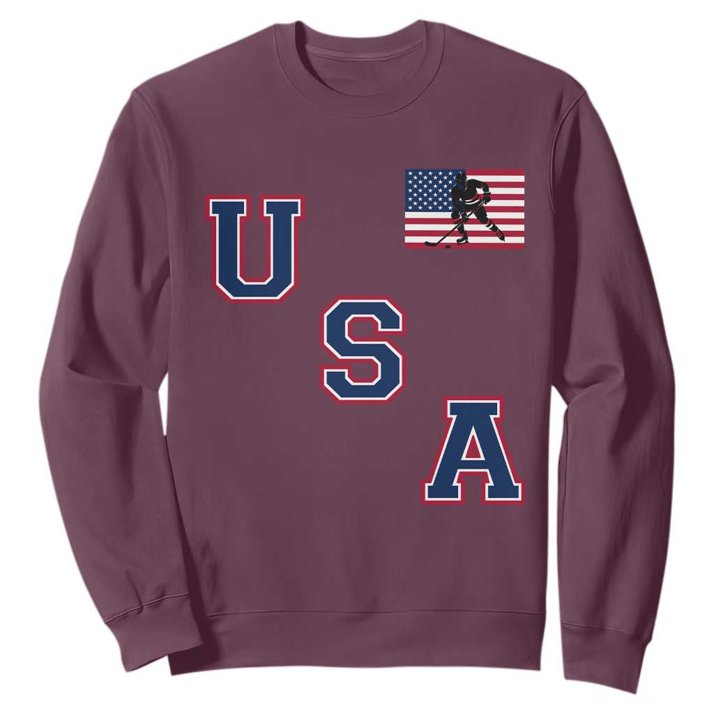 USA Flag Hockey Sweatshirt Patriotic Ice Hockey Team Fan Vintage Throwback TS02 Maroon Print Your Wear