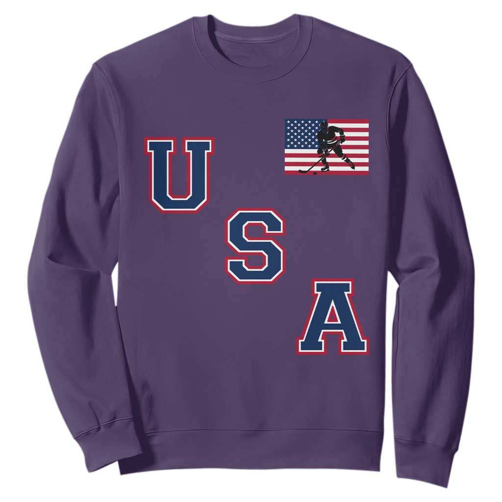 USA Flag Hockey Sweatshirt Patriotic Ice Hockey Team Fan Vintage Throwback TS02 Purple Print Your Wear