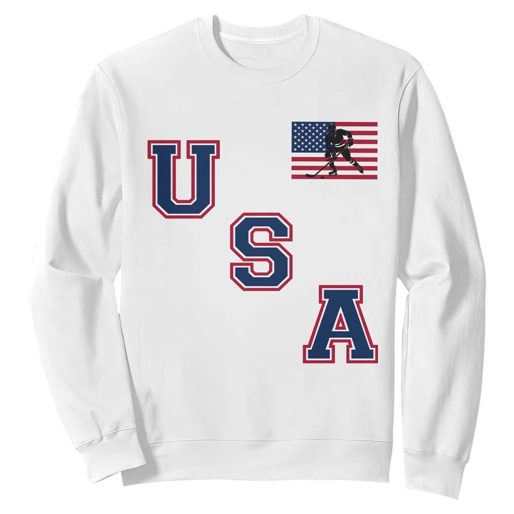 USA Flag Hockey Sweatshirt Patriotic Ice Hockey Team Fan Vintage Throwback TS02 White Print Your Wear
