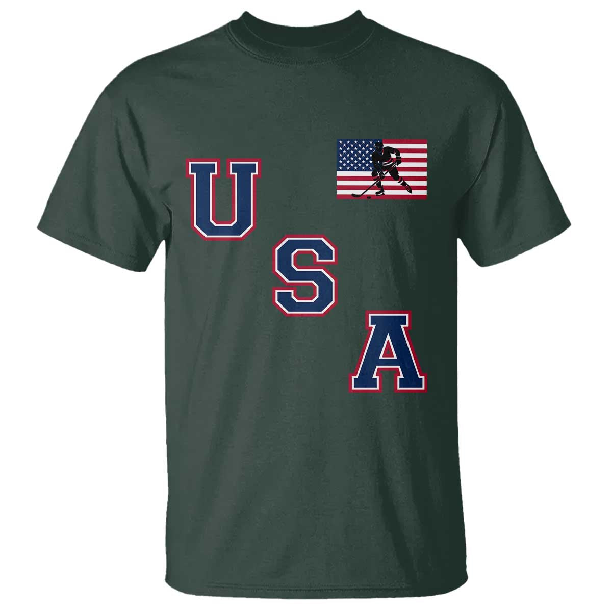 USA Flag Hockey T Shirt Patriotic Ice Hockey Team Fan Vintage Throwback TS02 Dark Forest Green Print Your Wear