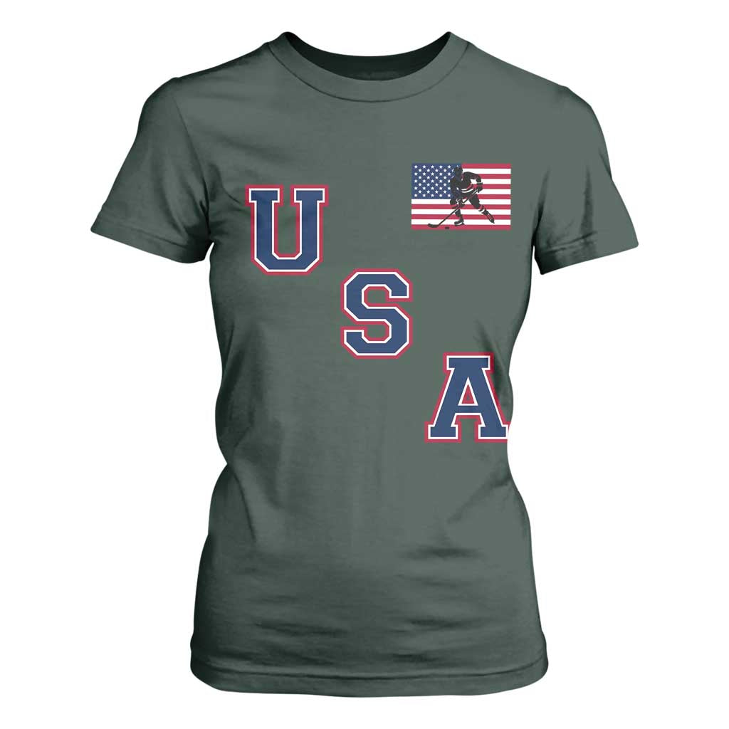 USA Flag Hockey T Shirt For Women Patriotic Ice Hockey Team Fan Vintage Throwback TS02 Dark Forest Green Print Your Wear