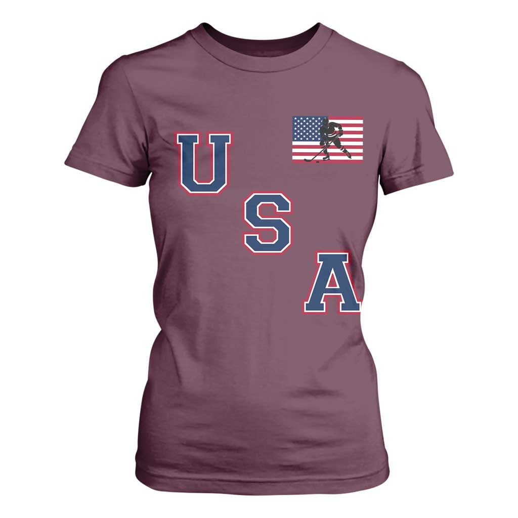 USA Flag Hockey T Shirt For Women Patriotic Ice Hockey Team Fan Vintage Throwback TS02 Maroon Print Your Wear