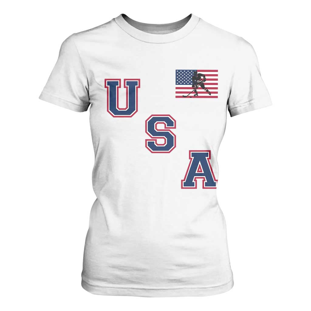 USA Flag Hockey T Shirt For Women Patriotic Ice Hockey Team Fan Vintage Throwback TS02 White Print Your Wear