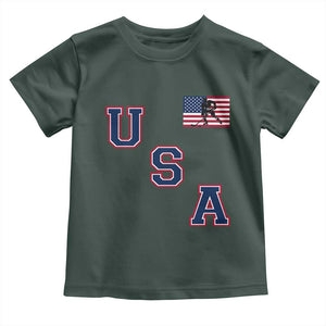 USA Flag Hockey Toddler T Shirt - Patriotic Ice Hockey Team Fan Vintage Throwback Kids Tee TS02 Dark Forest Green Print Your Wear