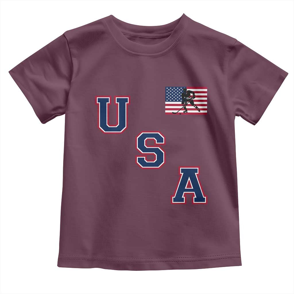 USA Flag Hockey Toddler T Shirt - Patriotic Ice Hockey Team Fan Vintage Throwback Kids Tee TS02 Maroon Print Your Wear