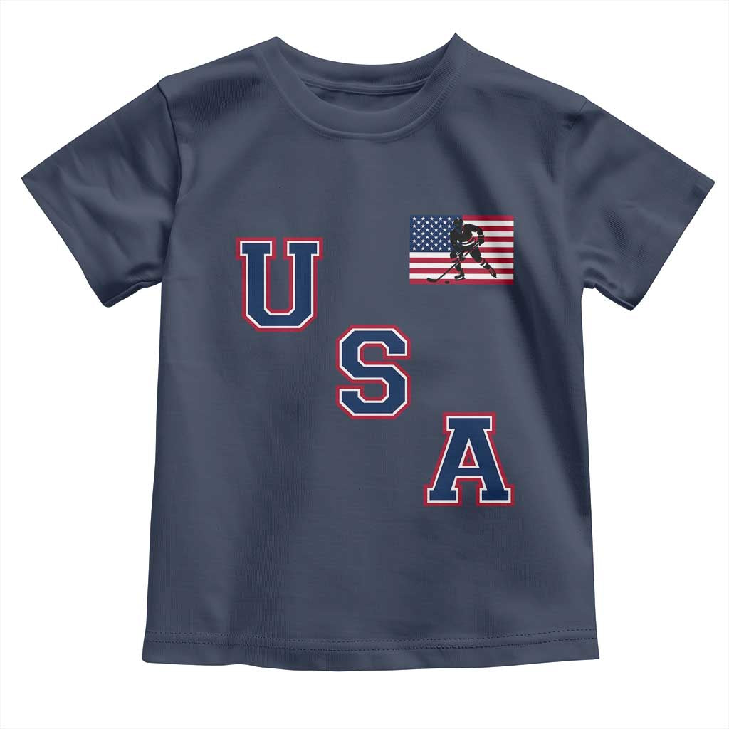 USA Flag Hockey Toddler T Shirt - Patriotic Ice Hockey Team Fan Vintage Throwback Kids Tee TS02 Navy Print Your Wear
