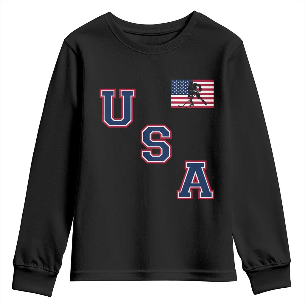 USA Flag Hockey Youth Sweatshirt Patriotic Ice Hockey Team Fan Vintage Throwback TS02 Black Print Your Wear