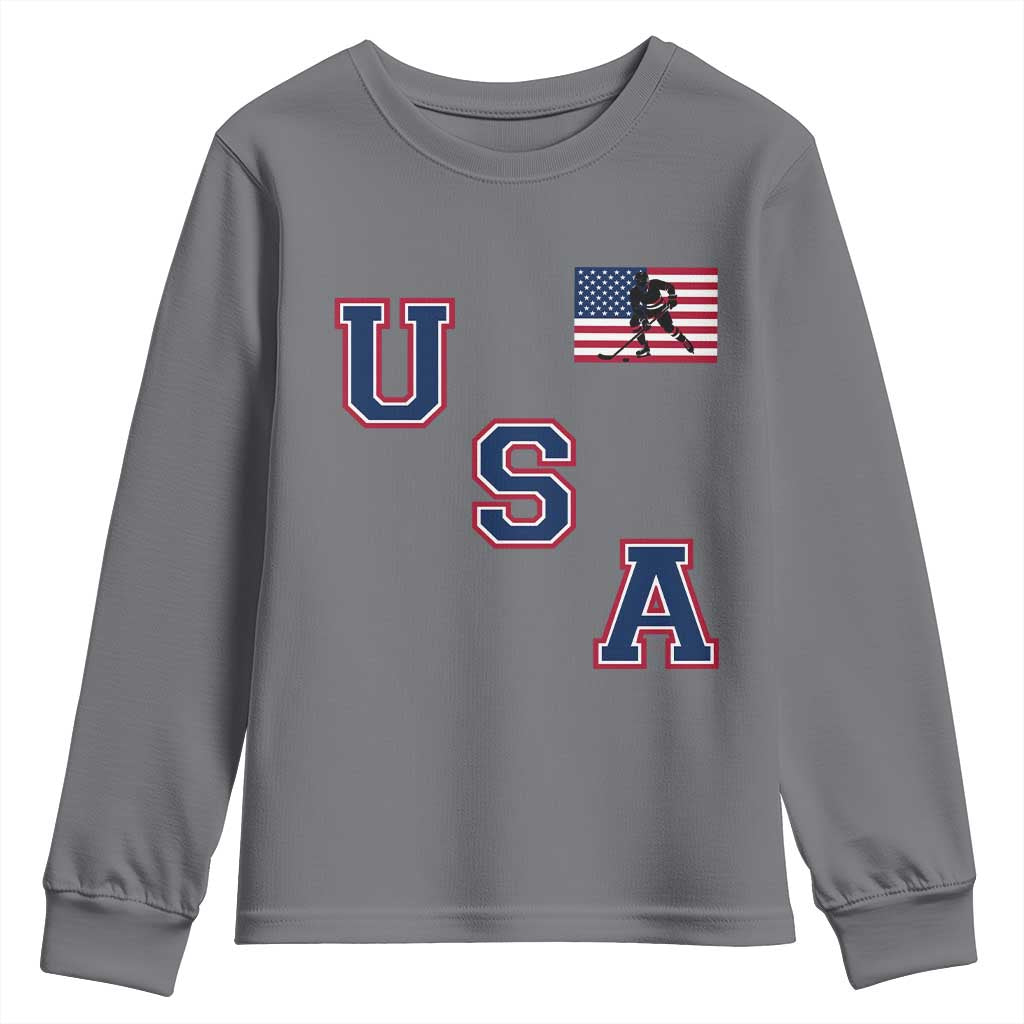 USA Flag Hockey Youth Sweatshirt Patriotic Ice Hockey Team Fan Vintage Throwback TS02 Charcoal Print Your Wear