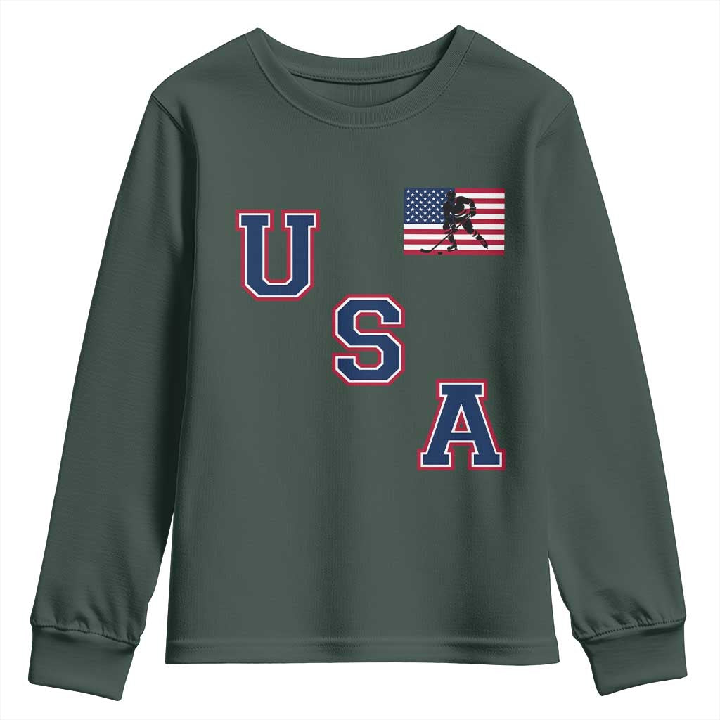USA Flag Hockey Youth Sweatshirt Patriotic Ice Hockey Team Fan Vintage Throwback TS02 Dark Forest Green Print Your Wear